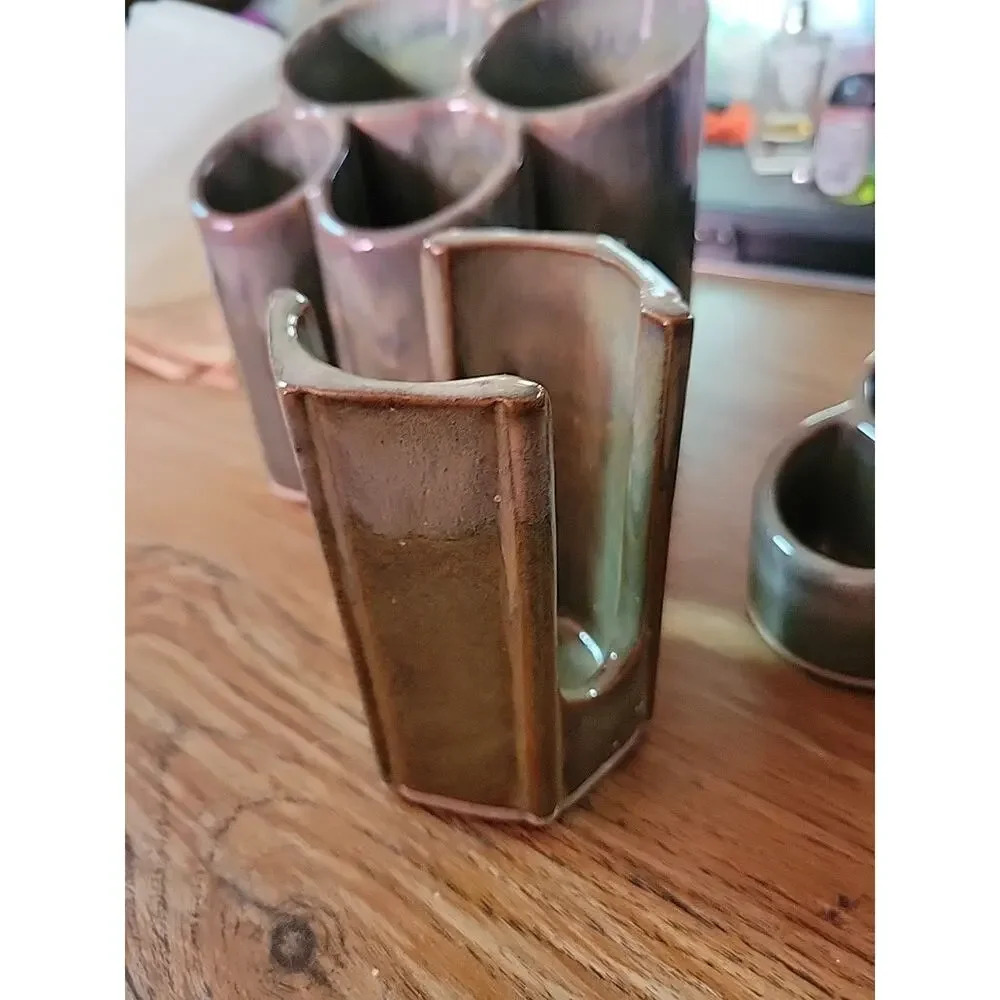 Bay Pottery Color Drip Glaze Vase Stationary Makeup Organizer Greenish Set Of 3